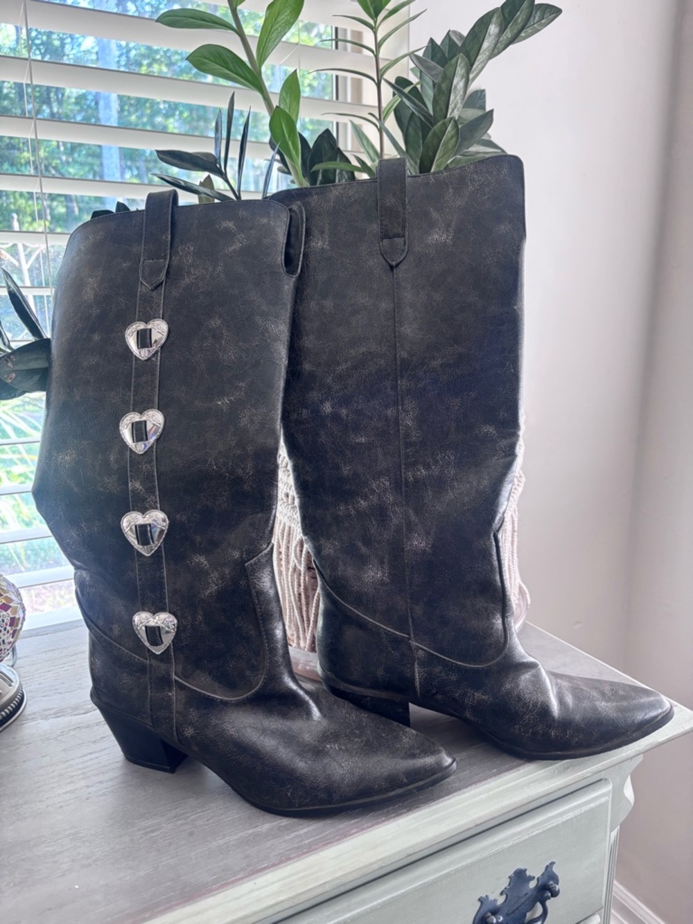 Fashion Nova Black Over-the-Knee Western Boots with Heart Conchos